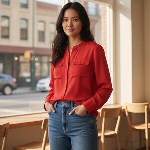 MERONA Button Up Long Sleeve Rayon Polyester Textured Satiny Top S Red #209M